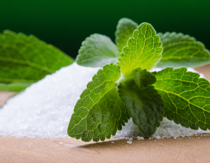 Close-up of raw stevia with stevia leaf